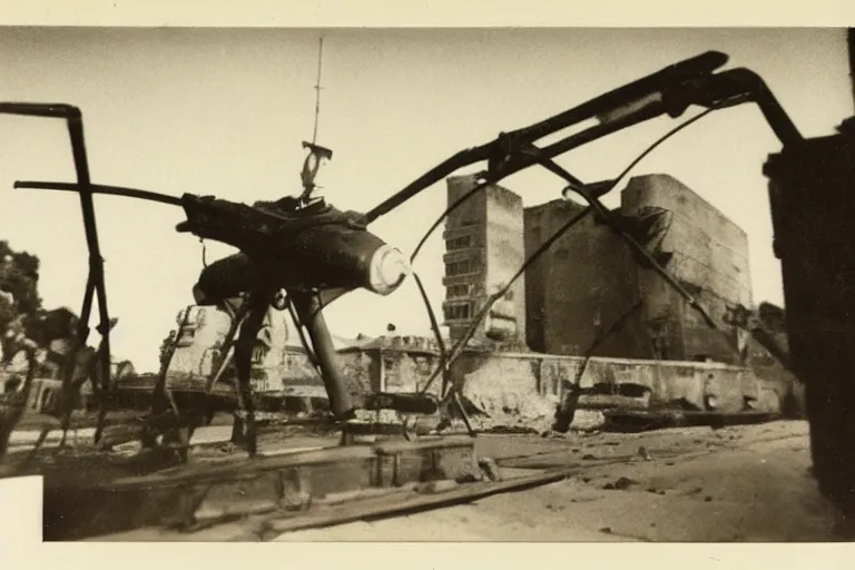 Image similar to old polaroid of a futuristic weapon in the world war 2