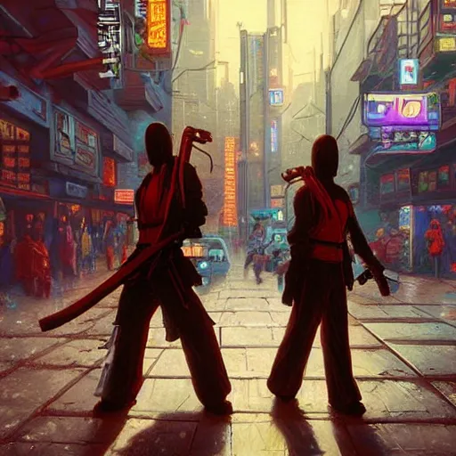 Prompt: An android wielding two katanas in a cyberpunk setting by Evgeny Lushpin, Trending on Artstation, 1980s computer graphics,