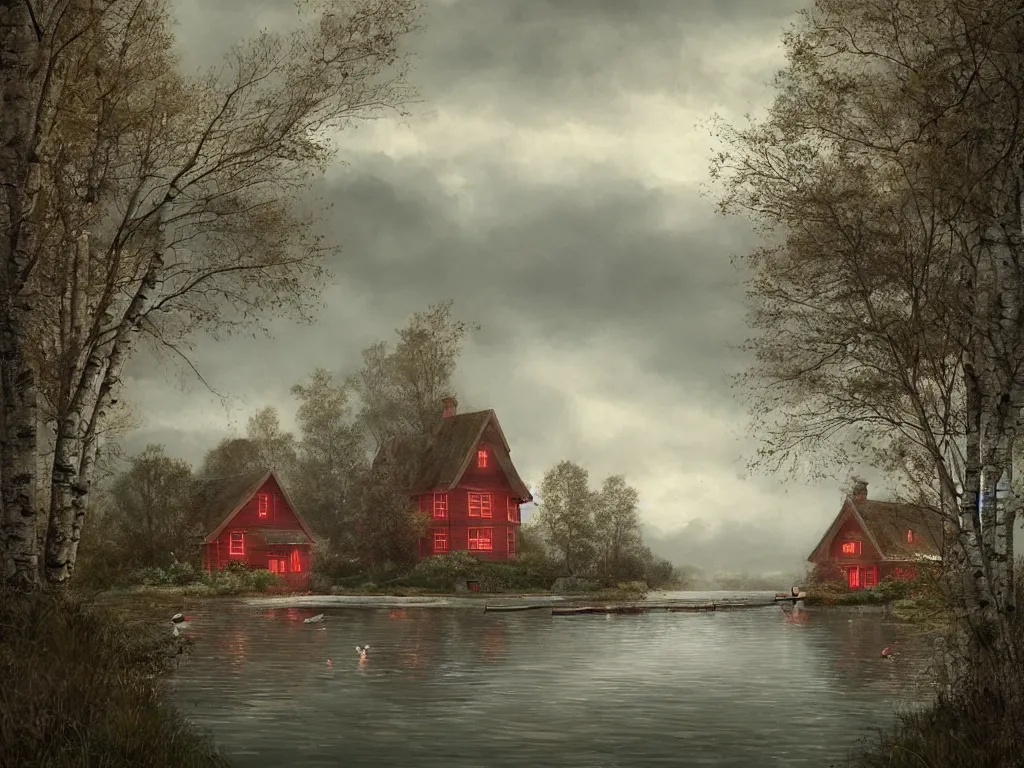 Prompt: small red wooden cottage by the lake, lanterns on the porch, smoke coming out of the chimney, dusk, birch trees, tranquility, two swans swimming on the lake, a wooden rowing boat, cumulus clouds, by Charlie Bowater, by Greg Rutkowski