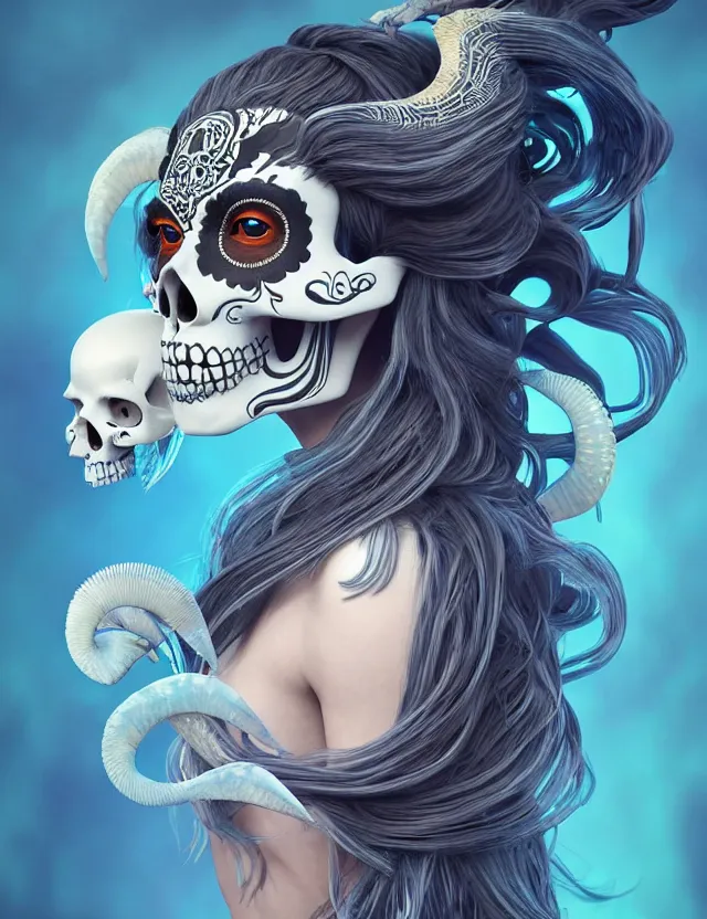 Image similar to 3 d goddess skull half - turn portrait with long hair with ram skull. beautiful intricately detailed japanese crow kitsune mask and clasical japanese kimono. betta fish, jellyfish phoenix, bio luminescent, plasma, ice, water, wind, creature, artwork by tooth wu and wlop and beeple and greg rutkowski