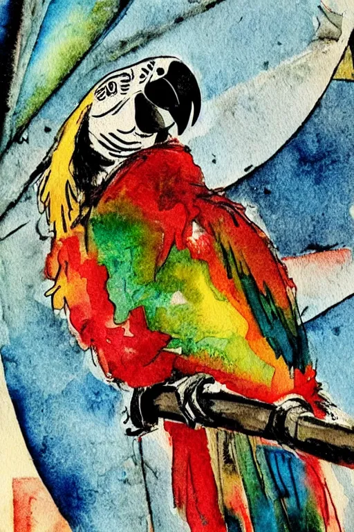 Image similar to a parrot on a pirate ship, abstract, vintage, artistic, sharp focus, masterpiece, watercolor, art in the style of joshy sly