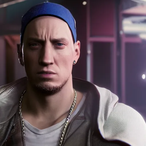 Prompt: a videogame still of Eminem in Tekken 7, 40mm lens, shallow depth of field, split lighting