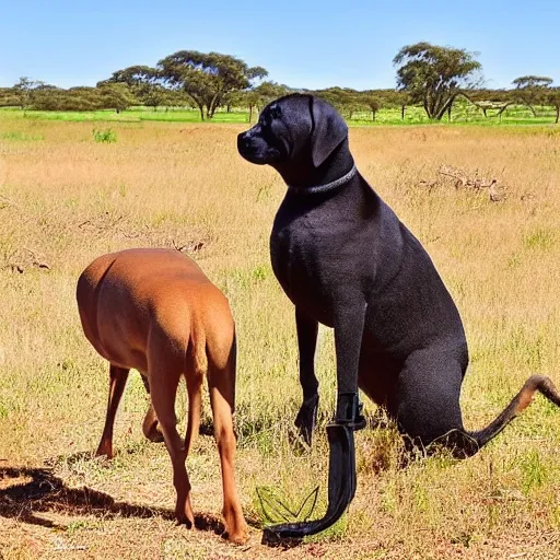 Image similar to boerboel in a field, kangaroo in the background, detailed, intricate