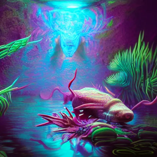 Prompt: Photorealistic magic dmt axolotl. Hyperdetailed photorealism, 108 megapixels, amazing depth, glowing rich colors, powerful imagery, psychedelic Overtones, 3D finalrender, 3d shading, cinematic lighting, artstation concept art