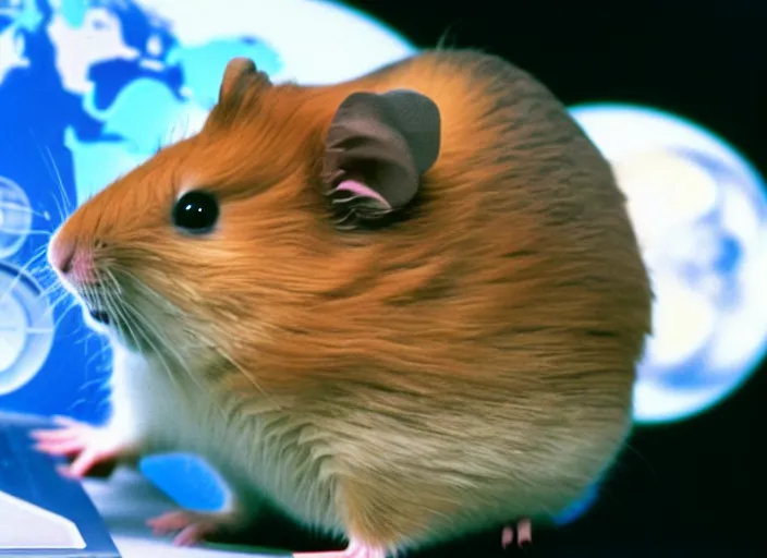 Image similar to film still of a hamster working for mission control at nasa, 8 k