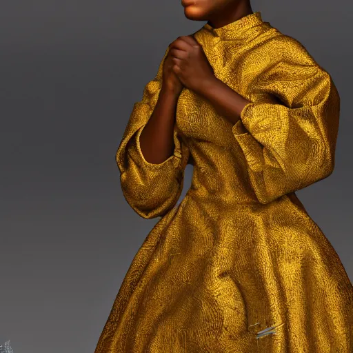 Image similar to extreme detail, african teenager, female, charles vess, gold silk clothes, klimt, hyperealistic, hdri lighting, octane