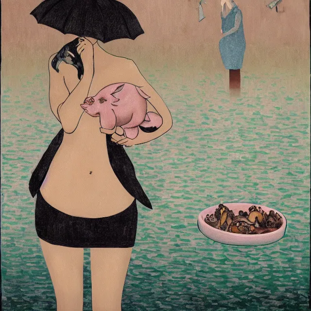 Image similar to tall female emo artist holding a pig in her flooded bathroom, mushrooms, octopus, water gushing from ceiling, painting of flood waters inside an artist's bathroom, a river flooding indoors, pomegranates, pigs, ikebana, zen, river, rapids, waterfall, black swans, canoe, berries, acrylic on canvas, surrealist, by magritte and monet