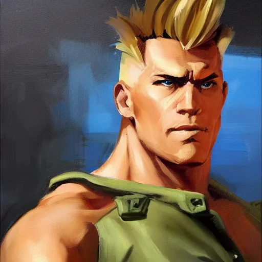 Image similar to greg manchess portrait painting of guile from street fighter as overwatch character, medium shot, asymmetrical, profile picture, organic painting, sunny day, matte painting, bold shapes, hard edges, street art, trending on artstation, by phil hale and gil elvgren and gerald brom