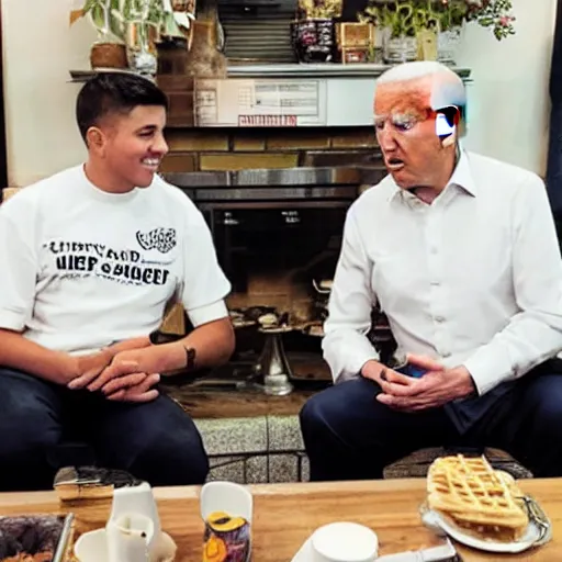 Prompt: photograph of trump and Biden sitting and eating breakfast at a Wafflehouse