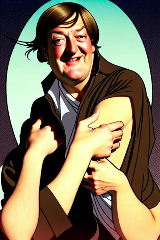 Image similar to stephen fry winking his left eye at the camera, in the style of art by artgerm and greg rutkowski and alphonse mucha