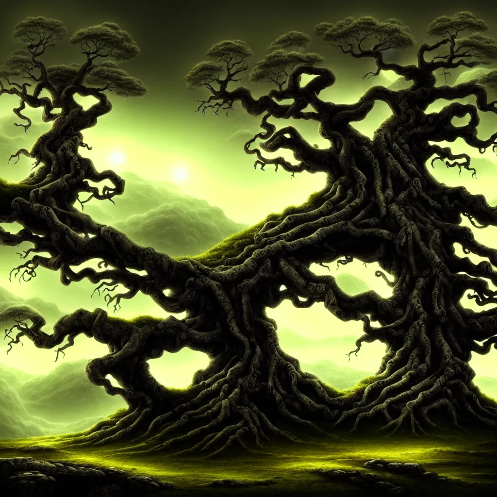 Prompt: ancient tree, hill, a detailed matte painting, fantasy, dark