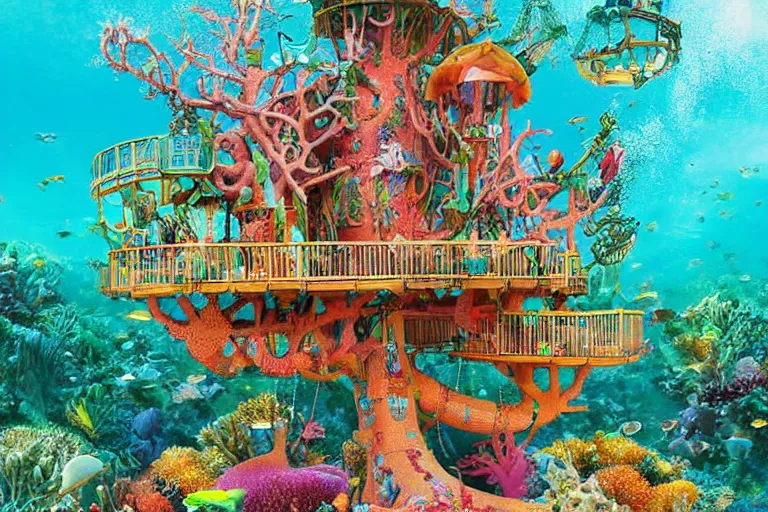 Prompt: an elaborate whimsical treehouse built under the sea, surrounded by colorful coral and dolphins, hyperdetailed photograph