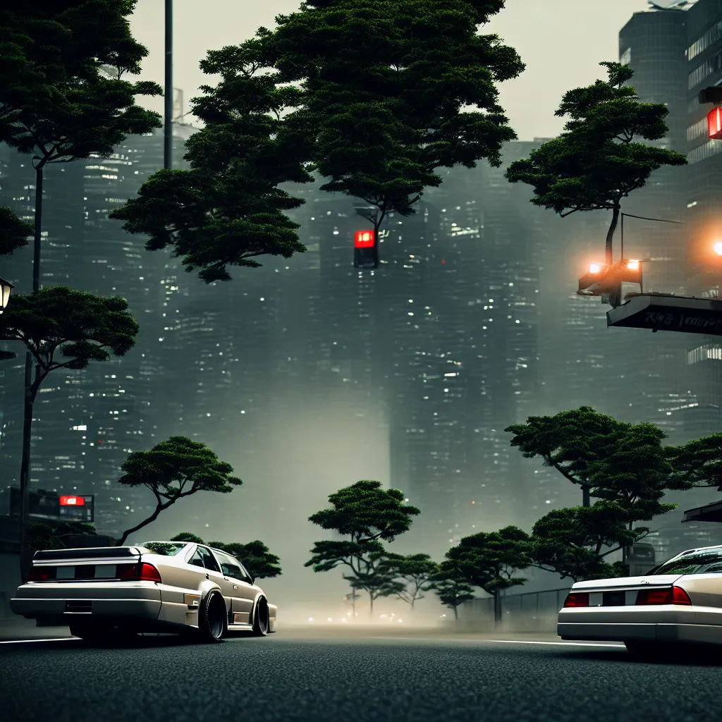 Image similar to car in center JZX100 twin turbo drift on a road, surrounded by trees and buildings in Tokyo prefecture, rooftops are Japanese architecture, city at sunset heavy mist over streetlights, cinematic lighting, photorealistic, detailed wheels, highly detailed, octane render