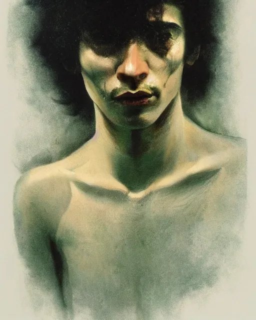 Image similar to a beautiful but sinister ethnically ambiguous young man in layers of fear, with haunted eyes and wild hair, 1 9 7 0 s, seventies, woodland, a little blood, moonlight showing injuries, delicate embellishments, painterly, offset printing technique, by brom, robert henri, walter popp