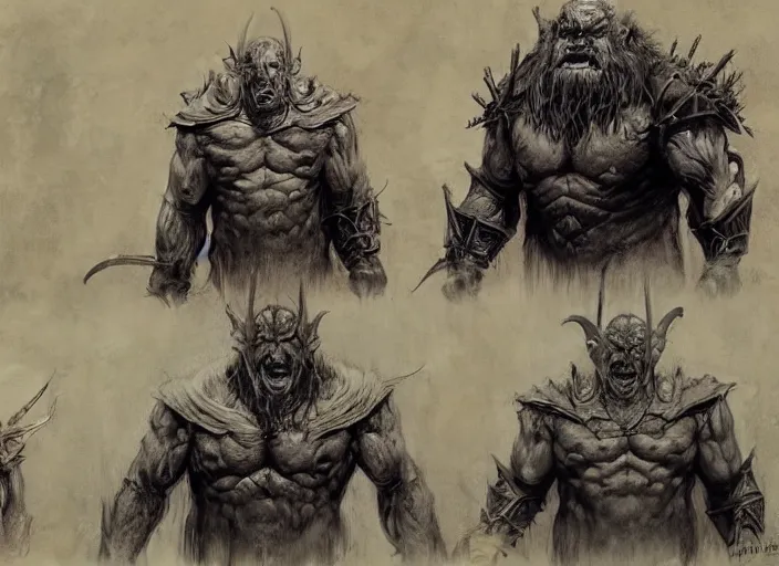 Image similar to feral orc chieftain charector concept sheet, beksinski, ruan jia, the hobbit orc concept, dark soul concept