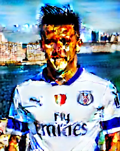 Image similar to portrait Anime Alexis Sanchez; white football shirt, Marseille beach in background || anime, manga cute-fine-face, pretty face, realistic shaded Perfect face, fine details. Anime. realistic shaded lighting by Katsuhiro, Otomo