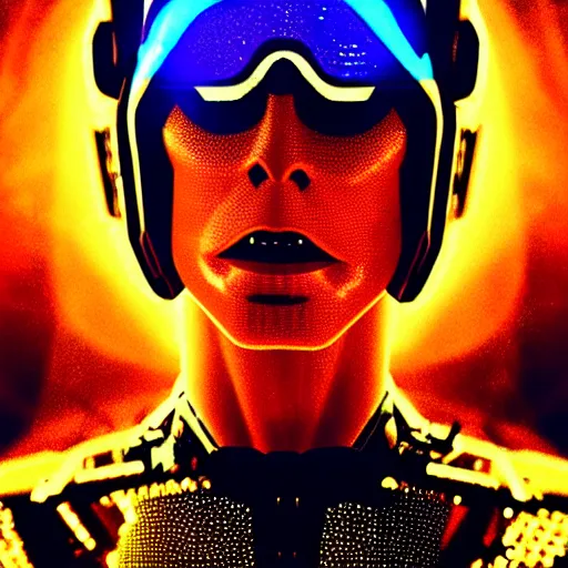 Image similar to portrait of david bowie wearing a rocknroll glitzy glamour spacesuit, beautiful, heroic action pose, stunning alien landscape, cinematic, dramatic studio lighting, close up, in the style of kubrick, ridley scott, jodorowsky, dune, star wars, transformers, moulin rouge, tron, science fiction, illustration, 3 d sculpture octane render