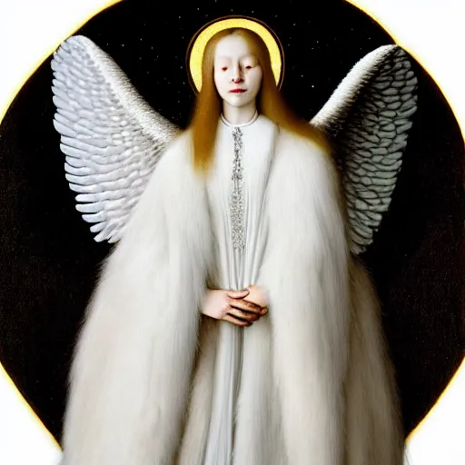 Prompt: highdetailed hyperrealistic painting of white angel!!! no gender!!!, giant ball of miracle light from the chest!!!!!, 4 k hd fur face!!!, big wings, by jan van eyck, holography space, white sparkles everywhere, thin strokes, white monochrome color!!!!!