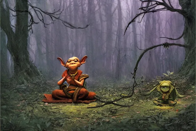 Image similar to a goblin shaman meditating in amossy tangled forest by Shaun Tan and Moebius, trending on artstation