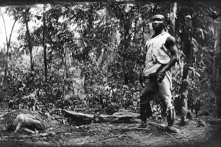 Prompt: a 1 9 0 5 colonial closeup photograph of a breakdancer in a village at the river bank of congo, thick jungle, scary, evil looking, wide angle shot