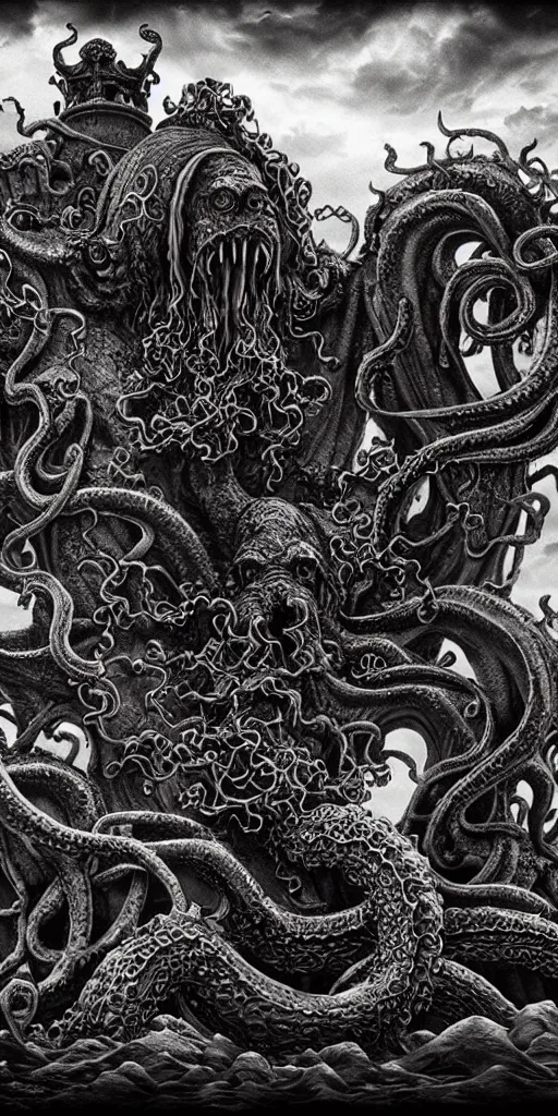 Prompt: extra wide view. Kraken. marvellous magic. Ominous. Gothic medieval baroque. Dry ground cracks. Hyper-detailed. Hyperreal. Photoreal