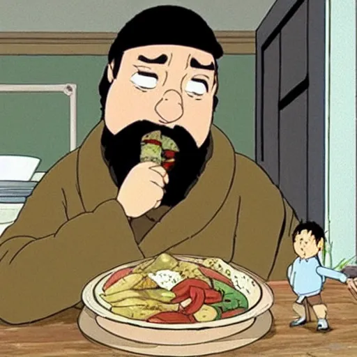 Prompt: Tony Soprano eating gabagool out of the fridge, style: (hayao miyazaki, studio ghibli)