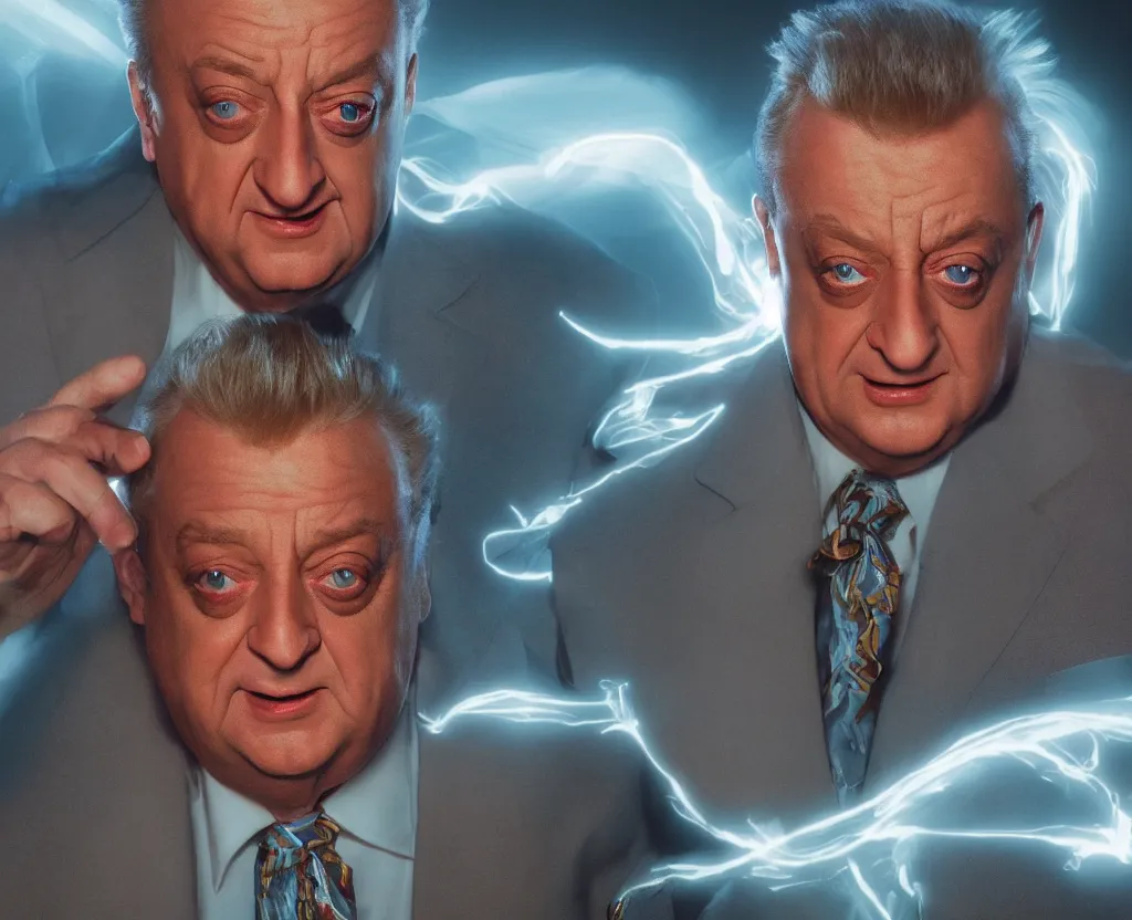 Image similar to dramatic portrait of Rodney Dangerfield from above the law, bloomed lighting, angelic, futuristic, beautiful colors, slightly golden, very sharp likeness, very detailed, chopping hands, electrical details, cinematic lighting high details, 4k, 8k, trending on artstation, ultra-realism