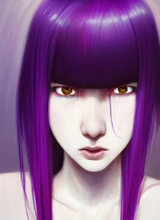 Image similar to hair whitebangs hair, black hair, whitebangs, portrait of teenage girl with white bangs, red irises, purple clothes, white bangs, bangs are different color from hair, intricate, elegant, glowing lights, highly detailed, digital painting, artstation, concept art, smooth, sharp focus, illustration, art by wlop, mars ravelo and greg rutkowski