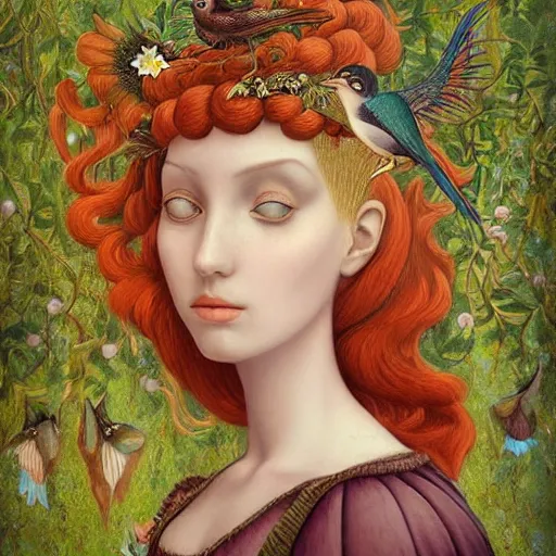 Image similar to a detailed intricate portrait of young woman in renaissance dress and a surreal renaissance headdress, very surreal garden, cyberpunk, filigree, surreal tea party, birds, nature, strange creatures, by christian schloe and botticelli, naotto hattori, amy sol, roger dean, moody colors