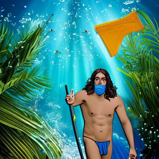 Prompt: jesus on his cross with a mask and snorkel swimming in a pool with water up to his waist