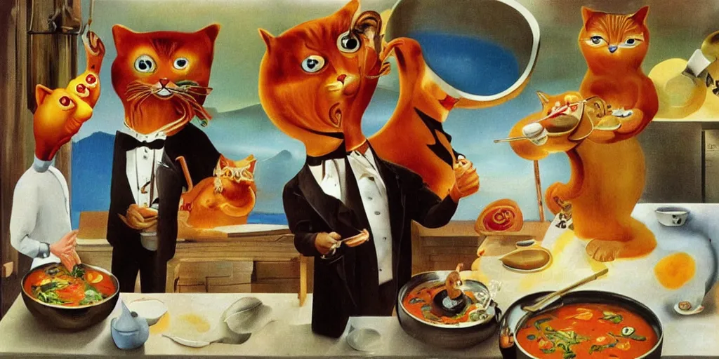 Image similar to anthropomorphic cats chef cooking a delicious colorful soup on TV show, by Salvador Dali