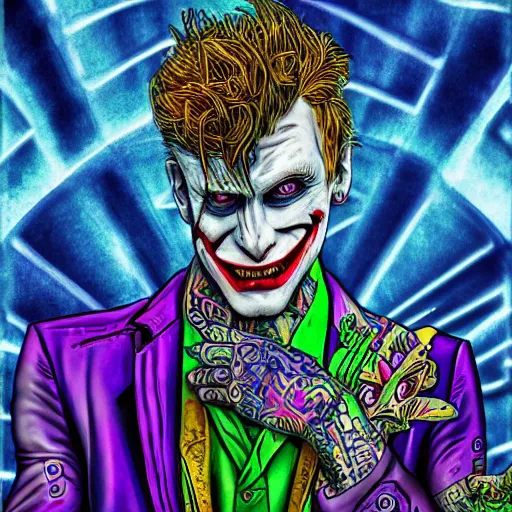 Image similar to an extremely psychedelic portrait of mgk as the joker, surreal, lsd, face, detailed, intricate, elegant, lithe, highly detailed, digital oth, sharp focus, illustration,