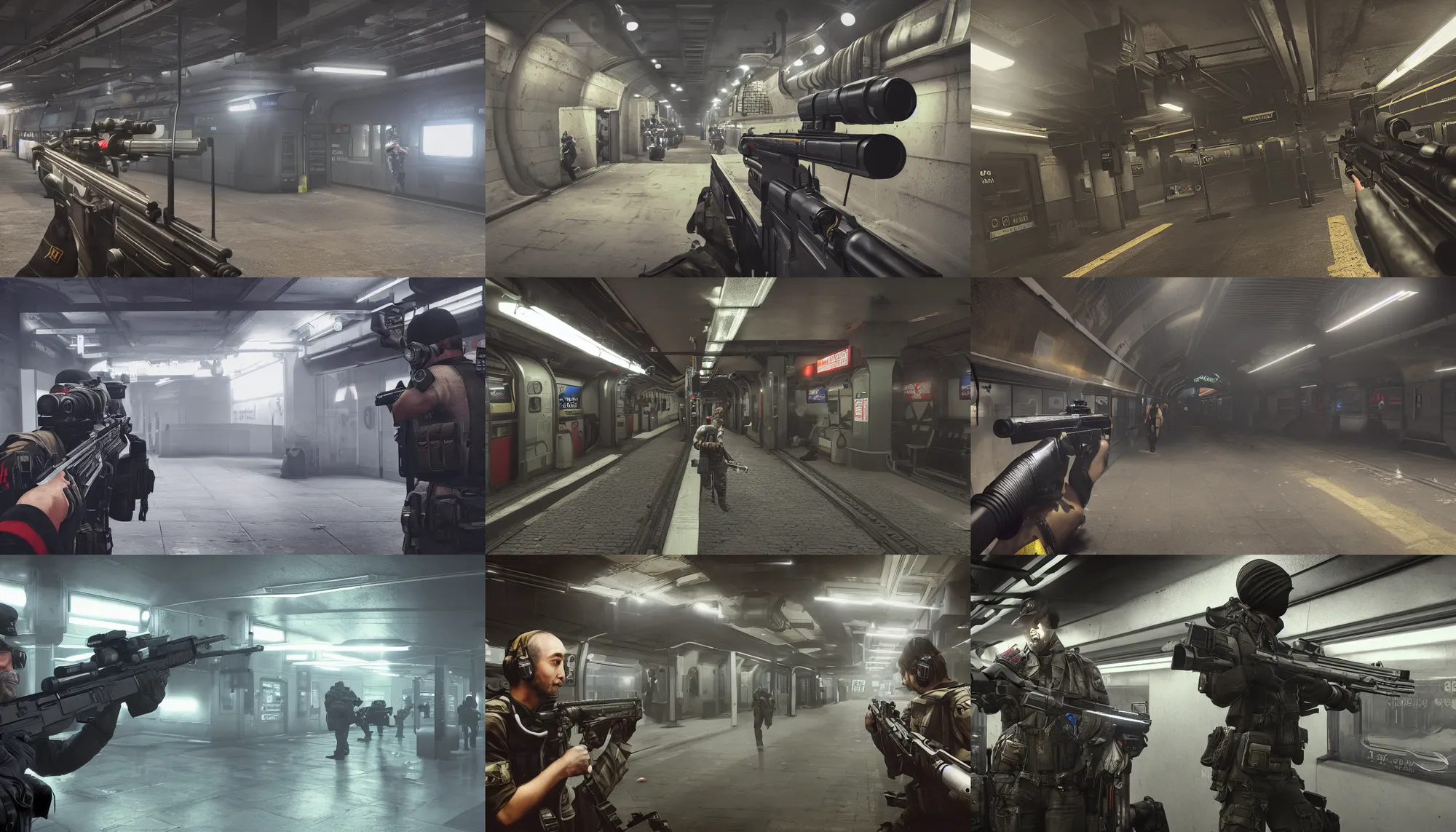 Prompt: fps shooter game, riflegun, london underground tube station, video game, hyperdetailed, artstation, cgsociety, 8 k