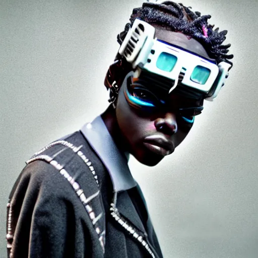 Image similar to a cinematic film still of rapper unotheactivist as a cybernetic cyborg, cgi, surrealism, film photography