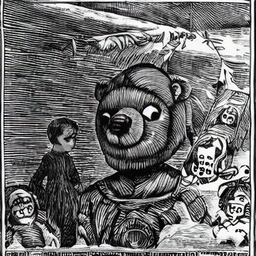 Prompt: found footage of floating teddy bear mask. space opera. b & w grainy. children illustration. art by gustav dore