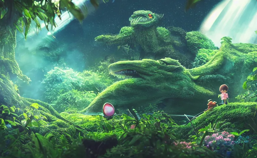 Image similar to a still of a cute adorable tiny astronaut, on a planet of lush foliage, with an enormous kaiju dragon surrounding, magical forest, sharp focus, neon backlit, highly detailed, disney pixar studio ghibli makoto shinkai, digital painting, matte, octane render, global illumination, iridescent, anime, 8 k concept art