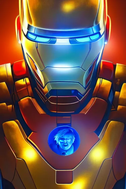 Prompt: Boris Johnson in the Iron Man suite wit no helmet on, visible face, Boris Johnson face, portrait, neon heart reactor, gold and blue, highly detailed, digital painting, artstation, concept art, smooth, sharp focus, illustration, cinematic lighting, art by artgerm and greg rutkowski and alphonse mucha