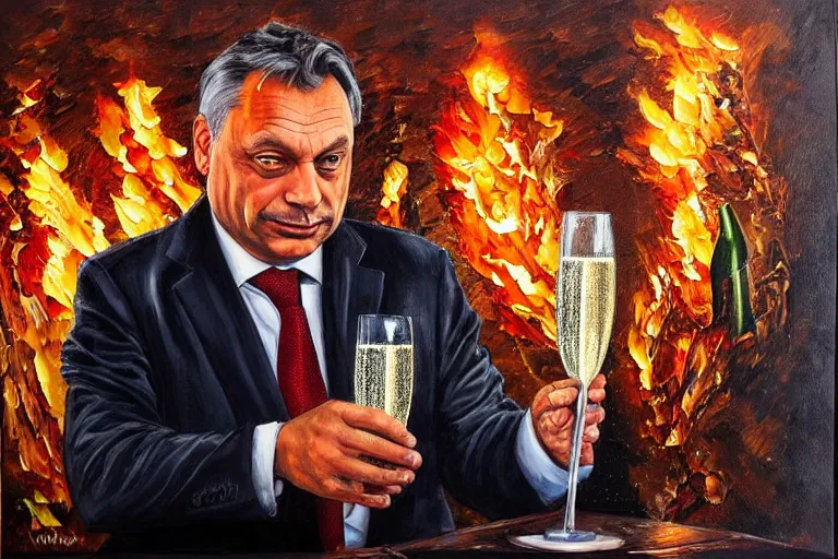 Image similar to viktor orban drinking champagne in front a burning city, highly detailed eyes, oil painting