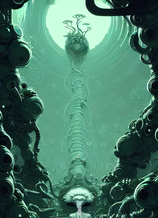 Prompt: highly detailed portrait of a biopunk long curly white hair tribal lady, stray wiring by atey ghailan, james gilleard, by joe fenton, by greg rutkowski, by greg tocchini, by kaethe butcher, 4 k resolution, gradient green, black and white color scheme!!! ( ( irradiated robotic rocky tornado landscape background ) )