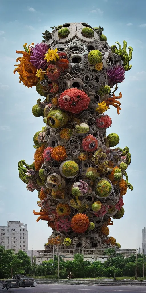 Image similar to colossal grotesque alien flower made from best unfulfilled mankind projects in the middle of abandoned post soviet constructivist cityscape, Stalinist architecture, ultradetailed, Intricate by Hayao Miyazaki and Josan Gonzalez and Makoto Shinkai and Giuseppe Arcimboldo and Wes Anderson