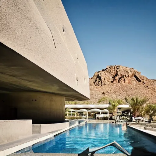 Prompt: brutalism hotel in the desert, biophilia mood, pool, garden, highly detailed, cinematic, photorealistic, made of concrete and steel