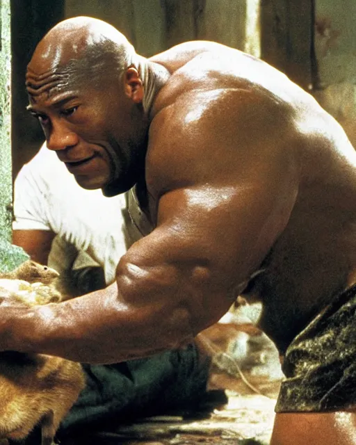 Image similar to film still close - up shot of dwayne johnson as john coffey petting a mouse in the movie the green mile. photographic, photography