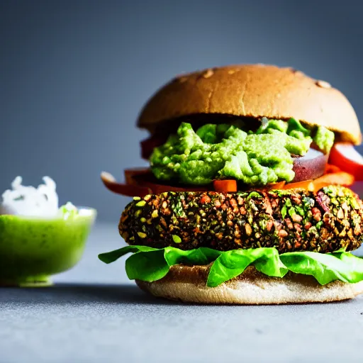 Image similar to vegan hamburger with guacamole and crispy fried onion and fried egg toppings, crispy buns, 8 k resolution, studio lighting, sharp focus, hyper - detailed