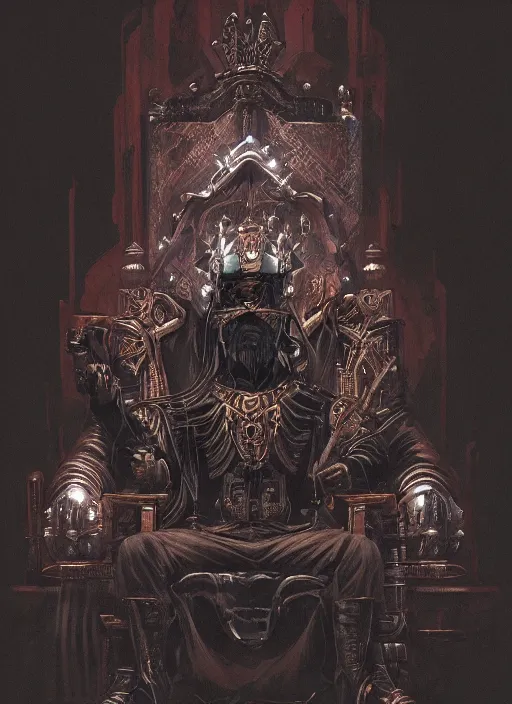 Image similar to a portrait of an old king on the throne, cyberpunk, grim - lighting, high - contrast, intricate, elegant, highly detailed, digital painting, artstation, concept art, smooth, sharp focus, illustration