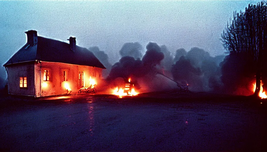 Image similar to 1 9 7 0 s movie still by andrei tarkovsky of a heavy burning french style little house in a small northern french village by night in autumn, cinestill 8 0 0 t 3 5 mm, heavy grain, high quality, high detail, dramatic light, anamorphic, flares