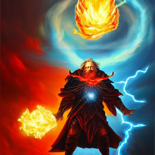 Image similar to Highly detailed oil painting, concept art, of a wizard casting a fireball spell, fighting against a huge ice giant, red and blue color scheme, concept art, highly detailed.