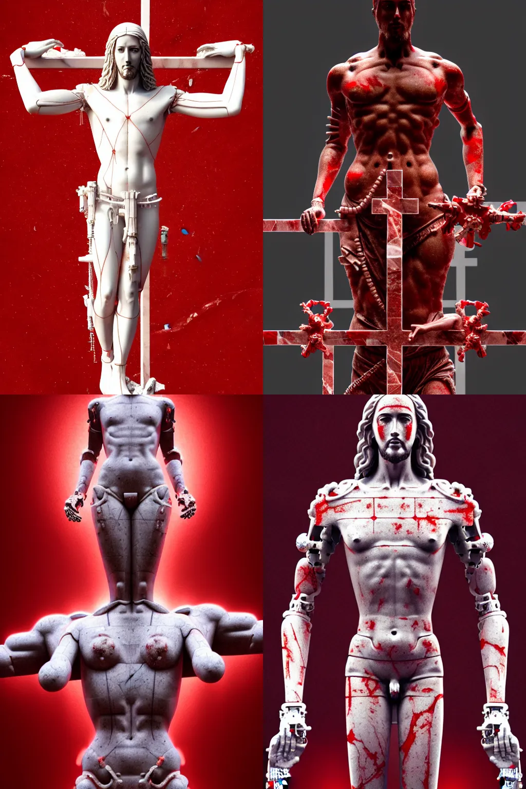 Prompt: a statue jesus on cross made of red marble, perfect symmetrical body, full body shot, white biomechanical, wearing epic bionic cyborg implants, masterpiece, intricate, biopunk, vogue, highly detailed, artstation, concept art, background galaxy, cyberpunk, octane render