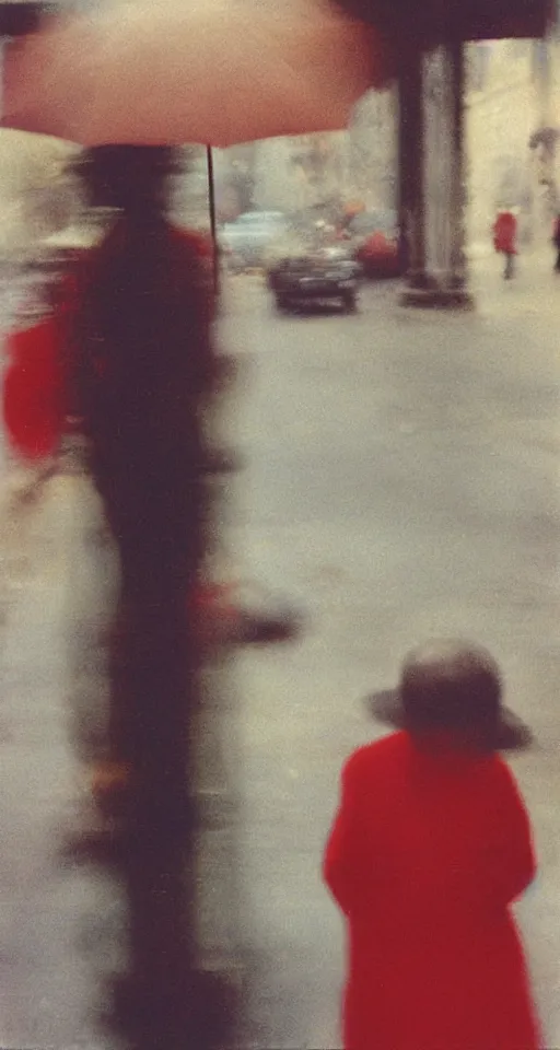 Image similar to portrait, blurry, street photography by saul leiter, red, pale