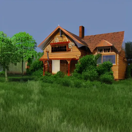 Image similar to funny house, 3d, rendering, realistic, forest