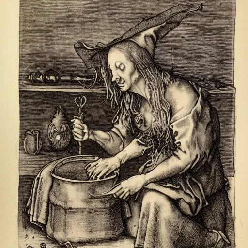 Prompt: a witch adding ingredients to her cauldron, engraving by albrecht durer